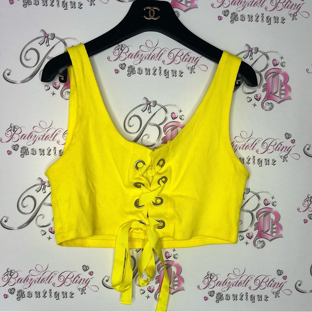 Corset tank top cropped neon yellow sunshine summer lace up ribbon bow tie 🎀